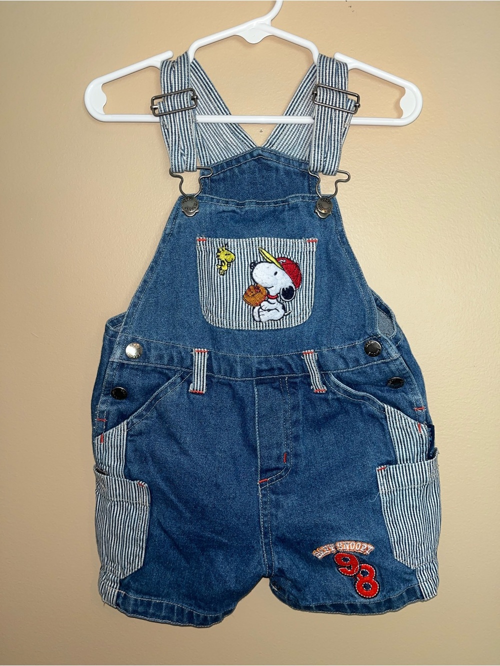 Vintage Baby Snoopy Overalls Denim Shortalls Baseball Y2K